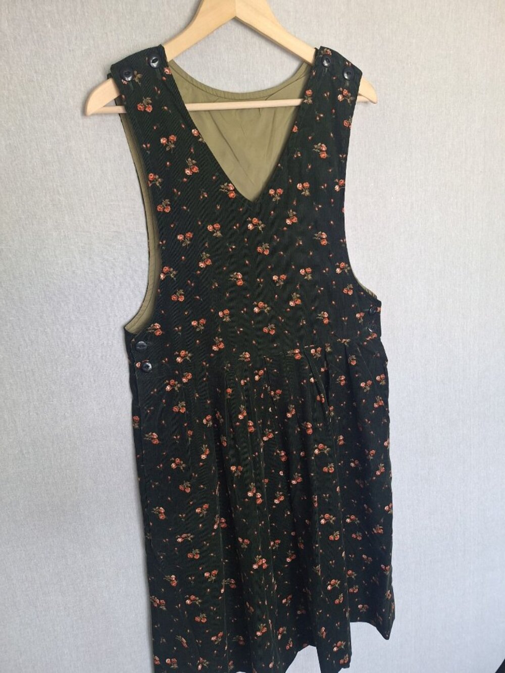💙 Floral Corduroy Pinafore Midi Dress Size M Pleated Olive Green Sleeveless Jum - Picture 5 of 8